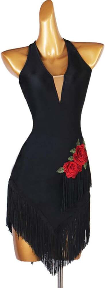 Women's Black Halter Neck Fringe Latin Ballroom Dance Dress